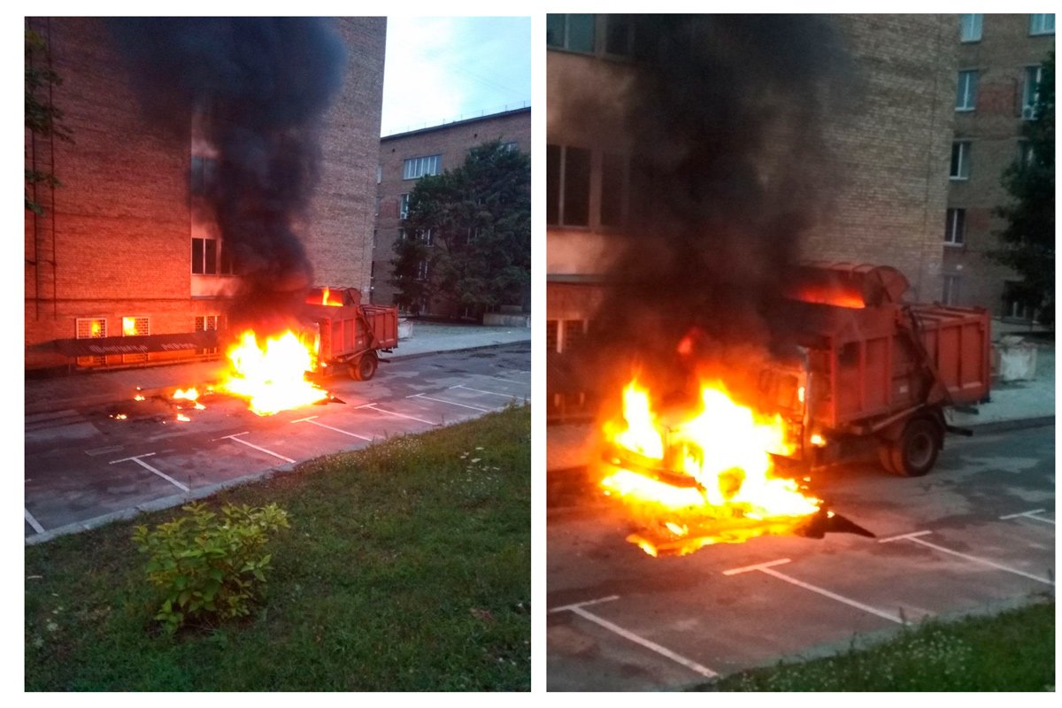 В Киеве на КПИ загорелся и покатился мусоровоз 1