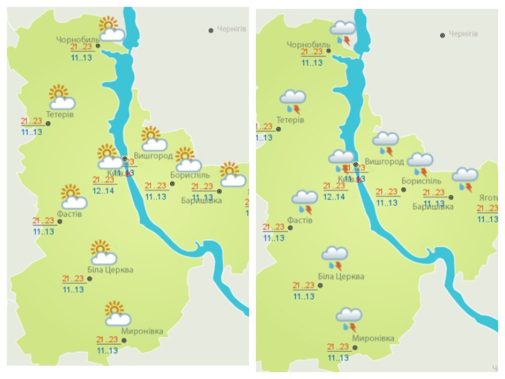 Слева - погода в субботу, справа - в воскресенье