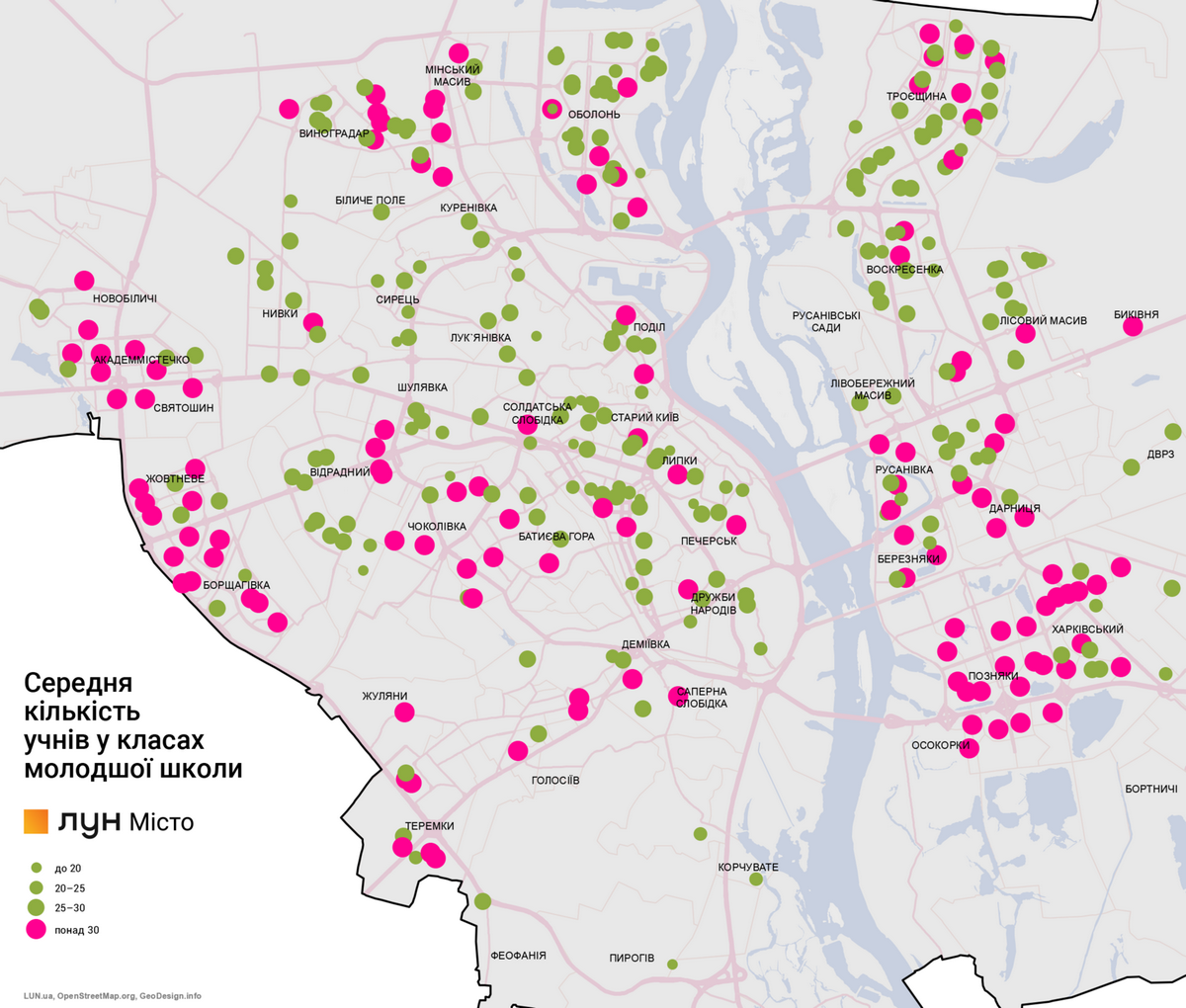 Чем больше зеленый кружок - тем больше учеников в одном классе