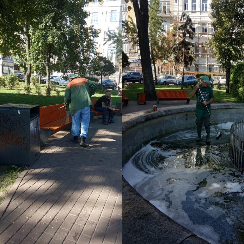 На Контрактовой вандалы изрисовали лавочки, мусорные баки и налили моющее в фонтан