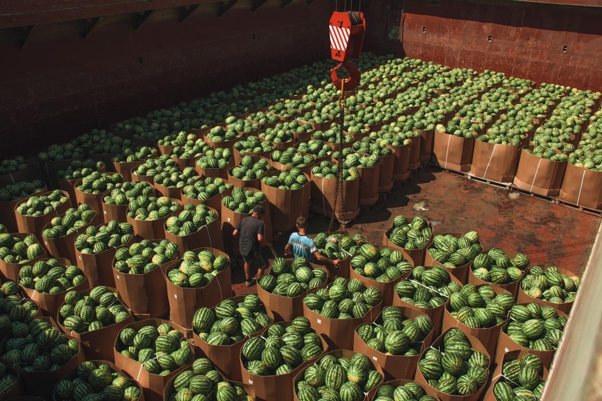 Все коробки установлены на паллеты, на которых их с помощью крана и поднимают из баржи Все коробки установлены на паллеты, на которых их с помощью крана и поднимают из баржи