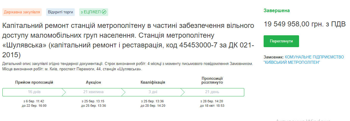 Информацию об обновлении станции подтверждал тендер в системе ProZorro