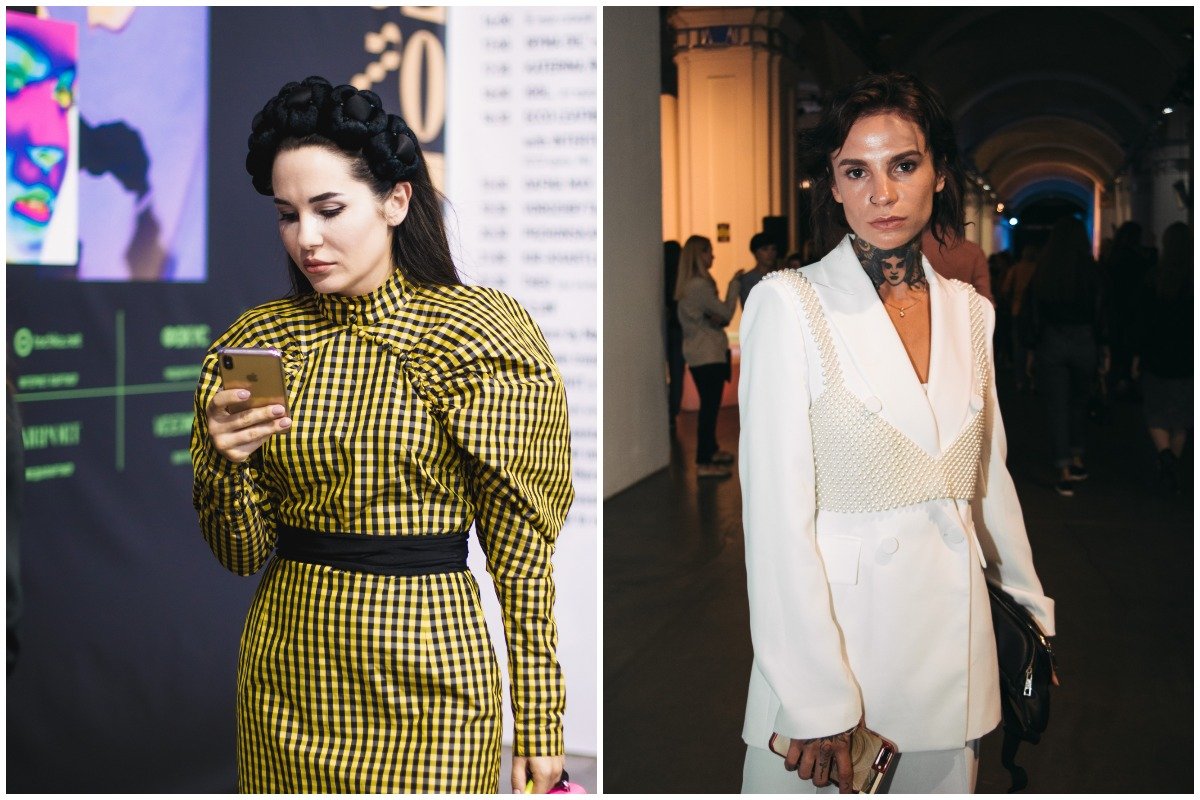 Необычные комбинации: строгое платье с пышными воланами и классический костюм со вставкой в виде топа 