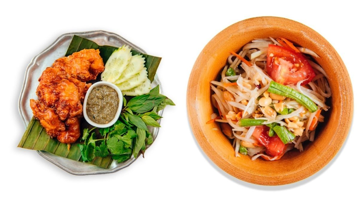 Вот так выглядит жареная курица в сухарях и салат Сом Там