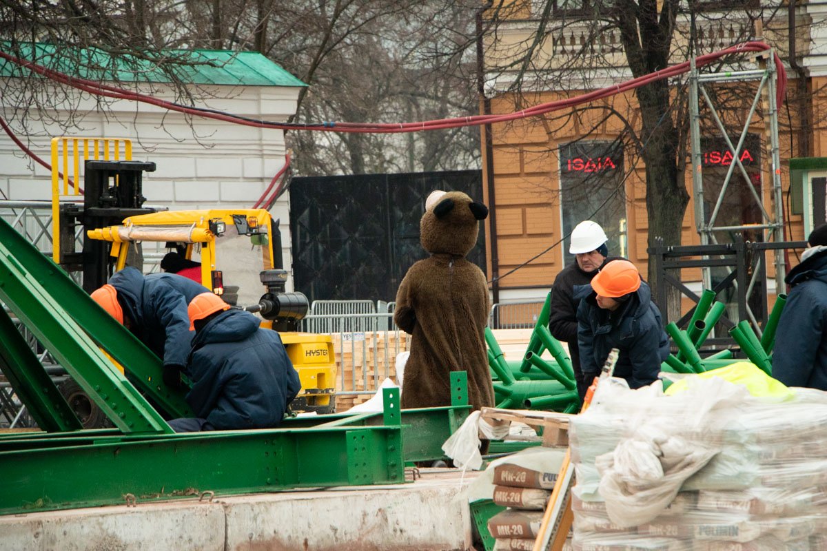 Даже мишка принимает участие в возведении новогодней елки Даже мишка принимает участие в возведении новогодней елки
