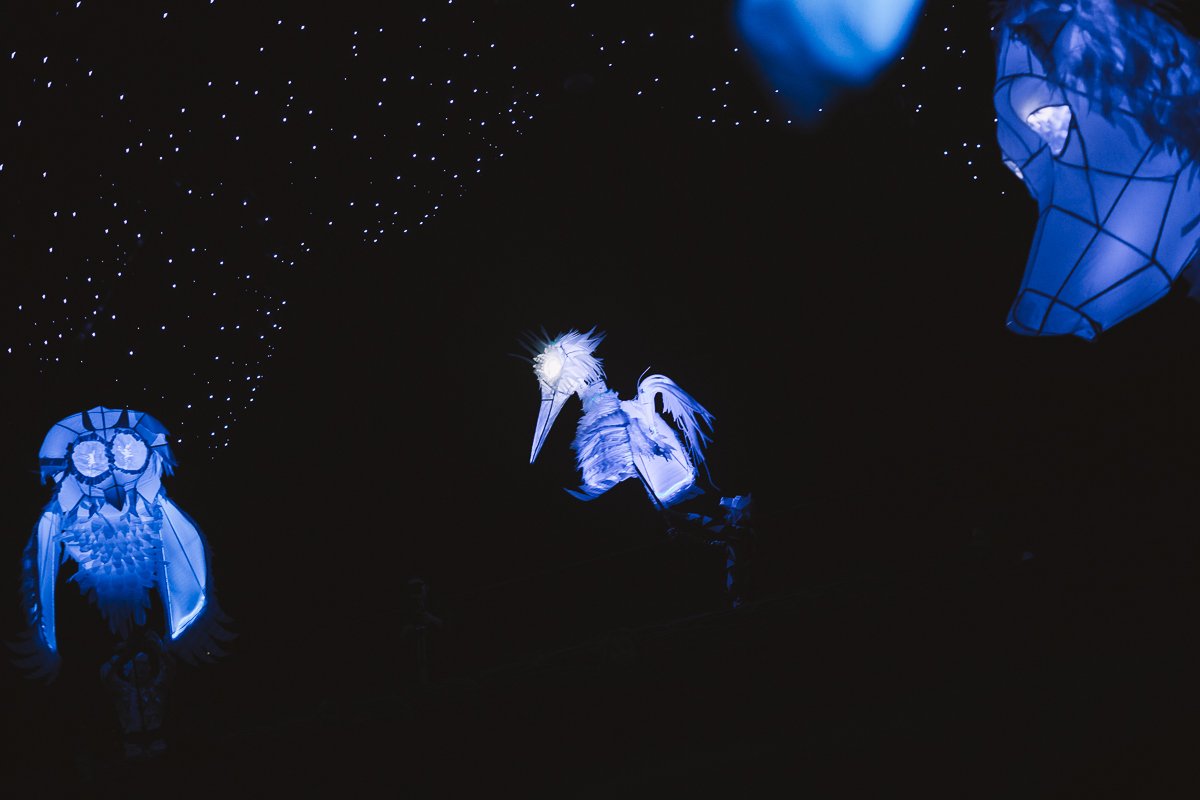 Попадая в зал, зрители замечают 6 огромных фигур зверей по периметру зала