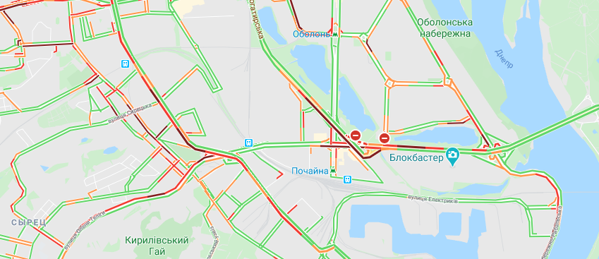 К 9 утра собираются пробки в районе Оболони 