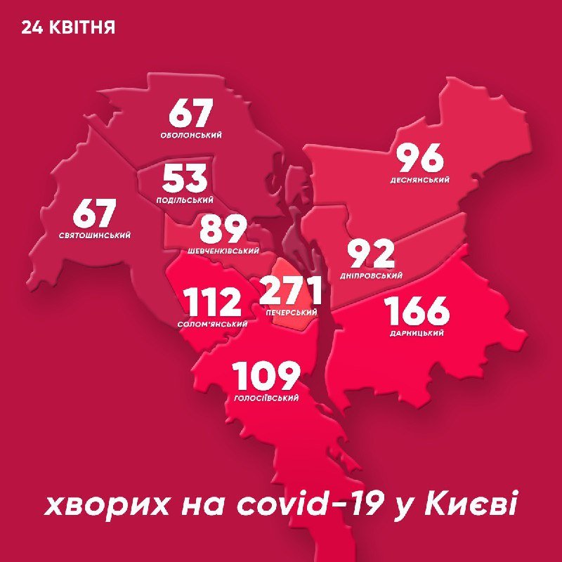 В Голосеевском, Деснянском и Днепровском районах Киева за сутки больше всего случаев COVID-19: карта на 24 апреля 1