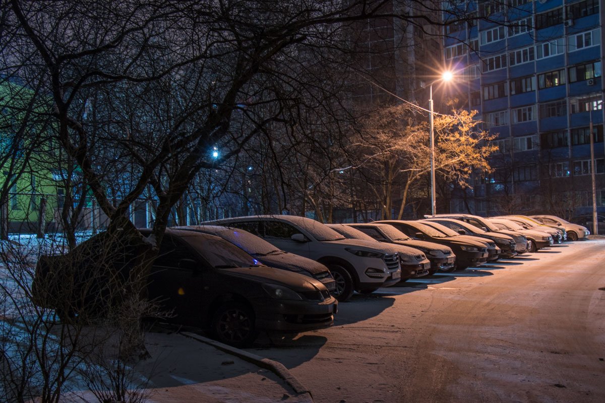 Ночью автомобили припорошило снегом