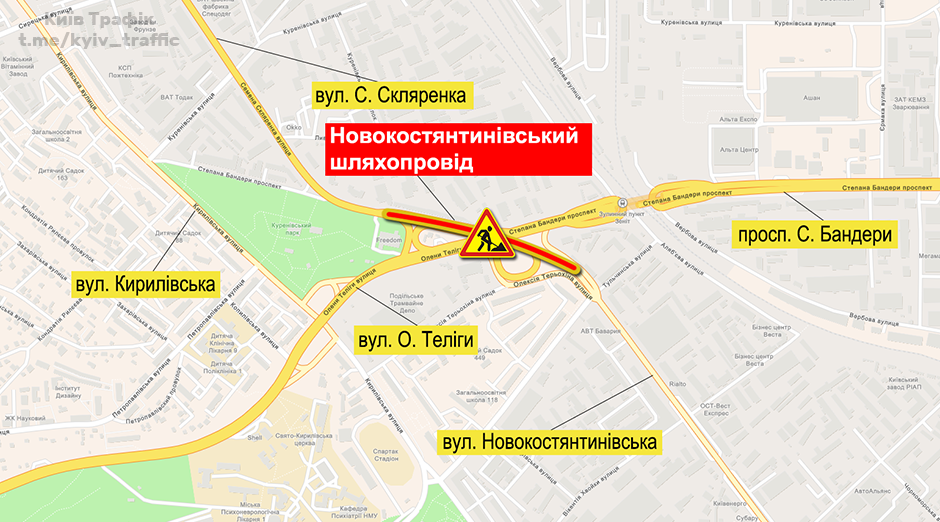 В Киеве на 2,5 месяца ограничили проезд по еще одному путепроводу: схема 1