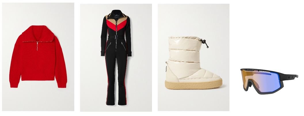 Свитер на молнии, утепленный комбинезон, дутики, очки лыжника