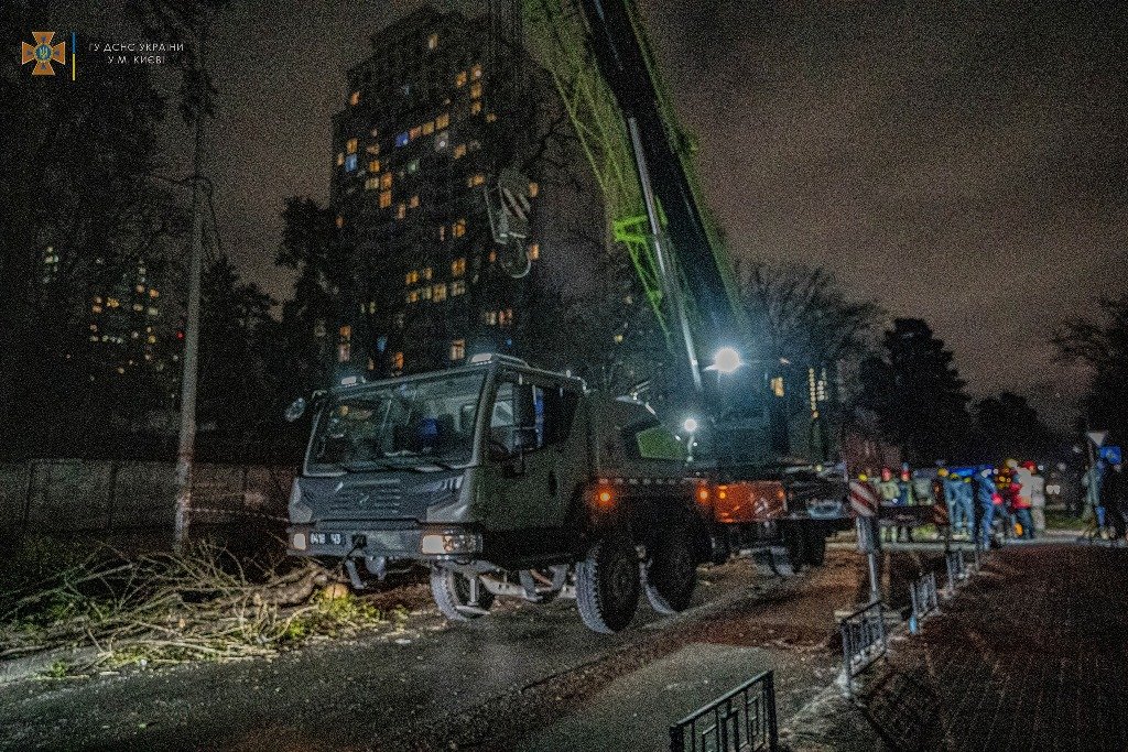 В Киеве упавшее огромное дерево убило водителя Peugeot: чтобы достать тело, спасатели вызывали кран. Фото с места 3