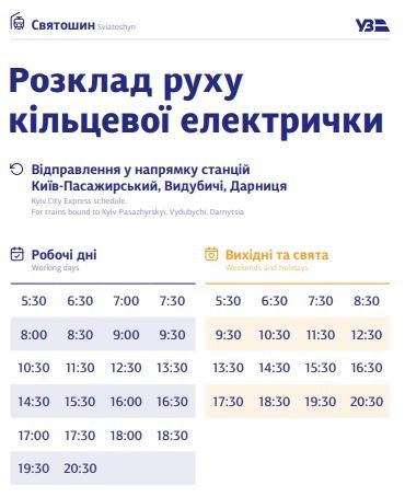 В Киеве график курсирования кольцевой электрички разделили на будни и выходные: полное расписание по станциям 1