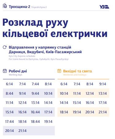 В Киеве график курсирования кольцевой электрички разделили на будни и выходные: полное расписание по станциям 14