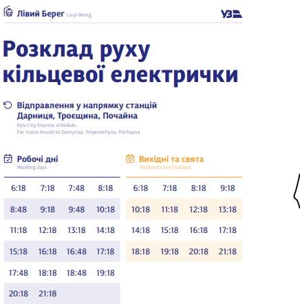 В Киеве график курсирования кольцевой электрички разделили на будни и выходные: полное расписание по станциям 25