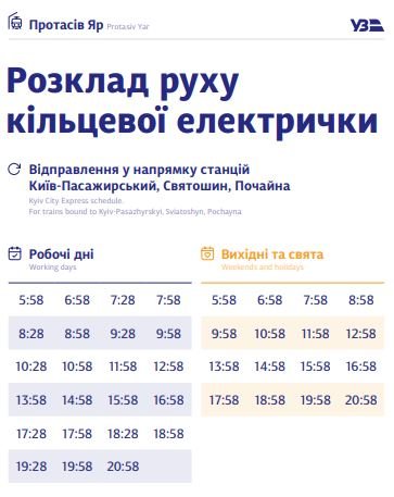 В Киеве график курсирования кольцевой электрички разделили на будни и выходные: полное расписание по станциям 32