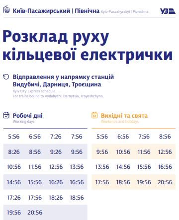 В Киеве график курсирования кольцевой электрички разделили на будни и выходные: полное расписание по станциям 33