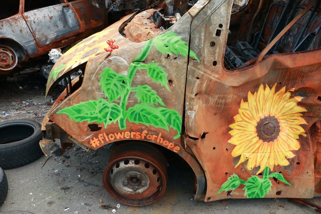 Як виглядає зараз кладовище автівок в Ірпені і хто намалював на них соняхи 2