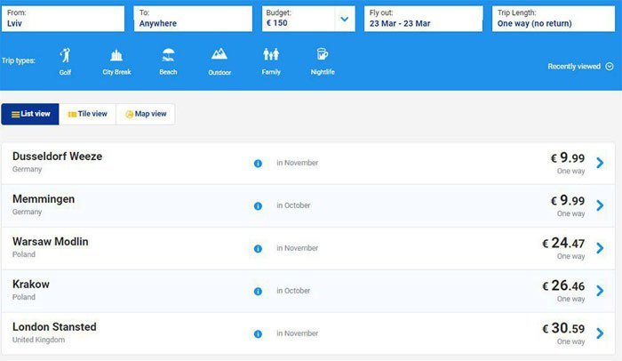 Расписание и стоимость билетов Ryanair со Львова