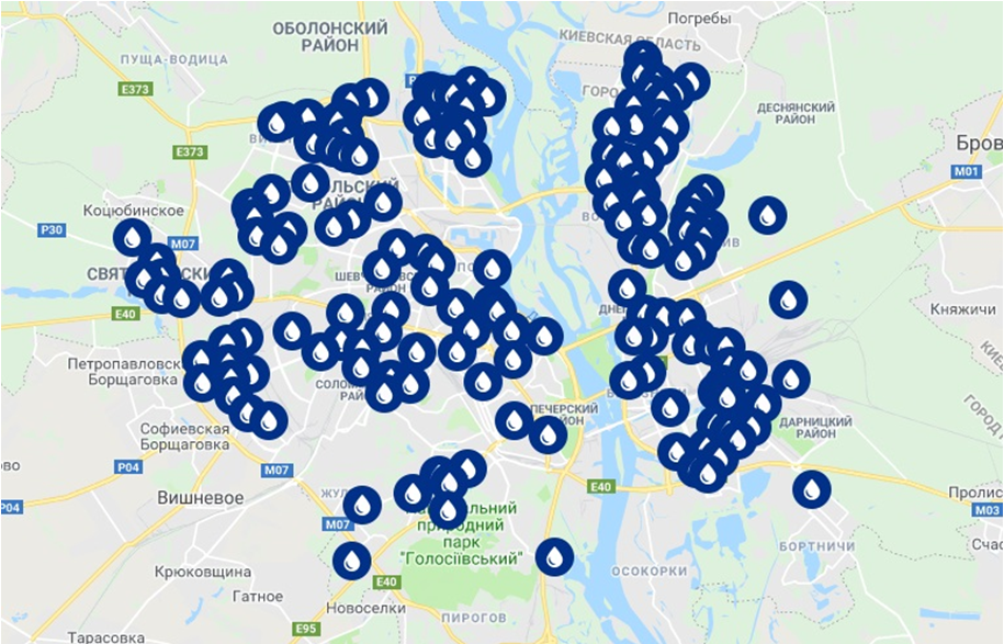 Карта расположения бюветов в Киеве