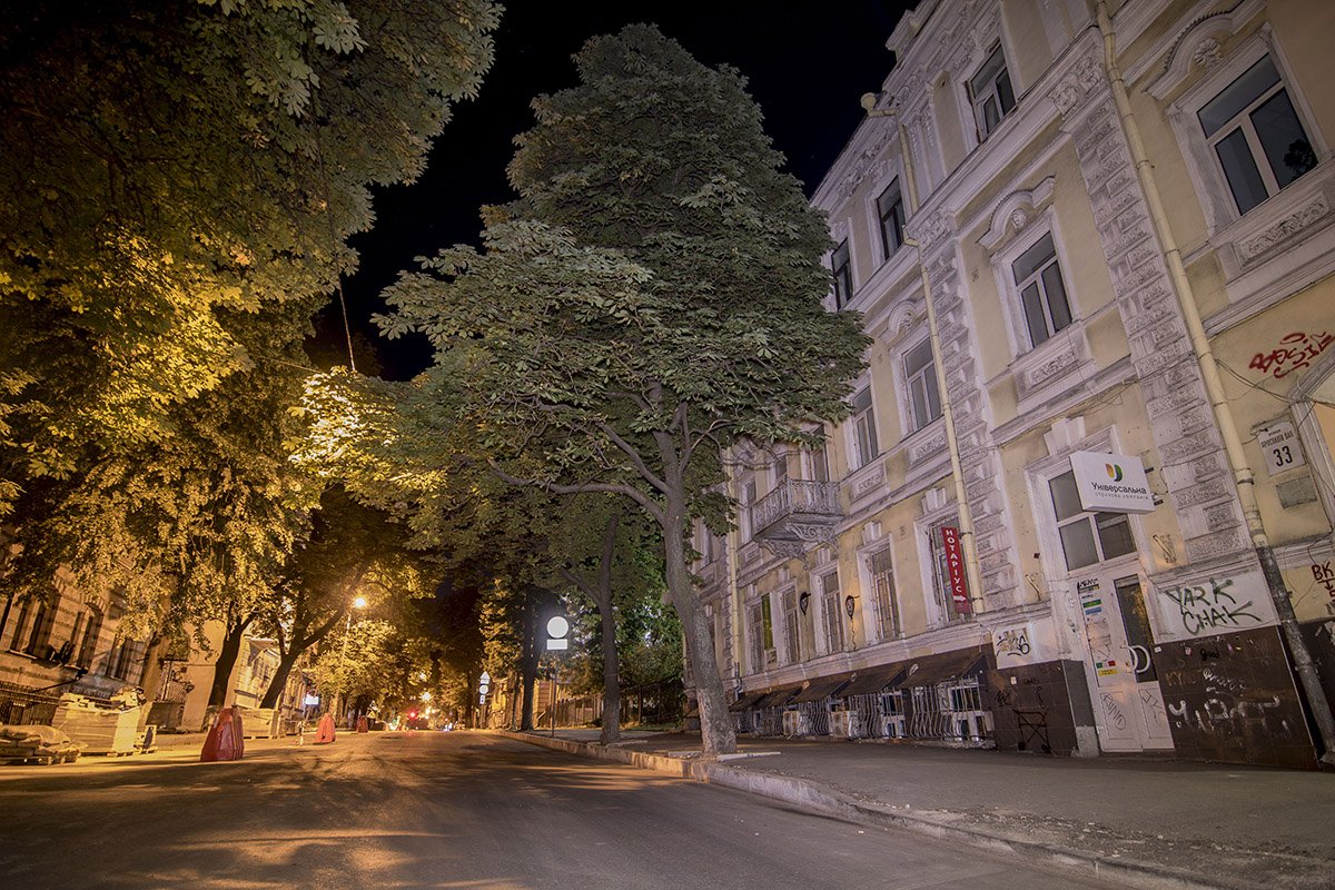 В лучах фонарей улица выглядит немного таинственно 