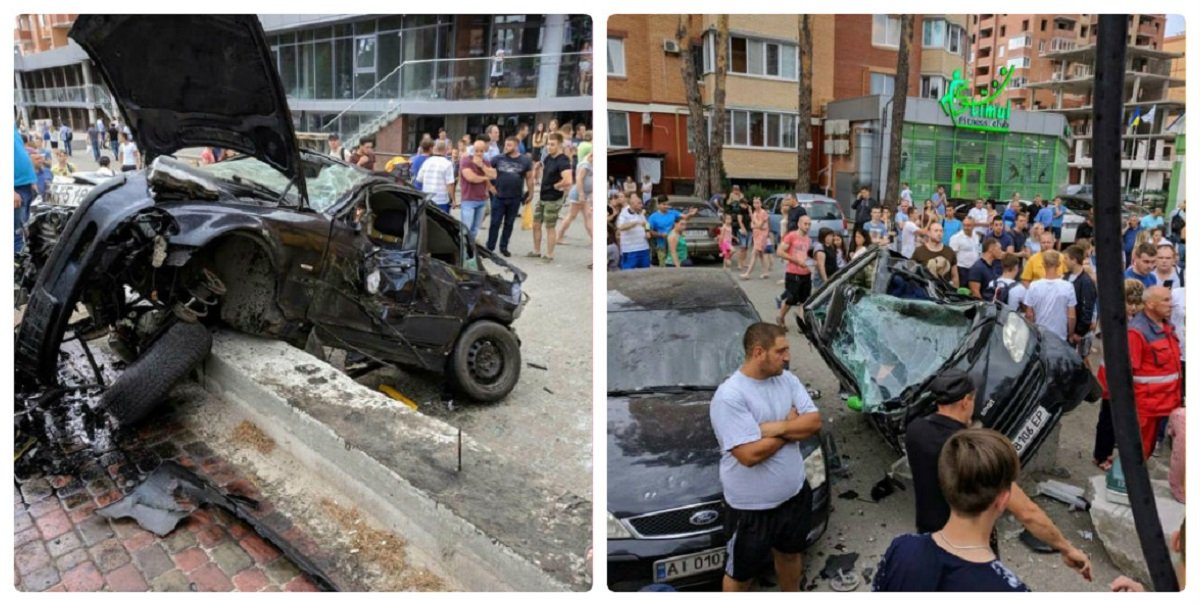 В Ирпене BMW врезалось в остановку, снесло билборд и влетело в парковку фитнес-клуба 