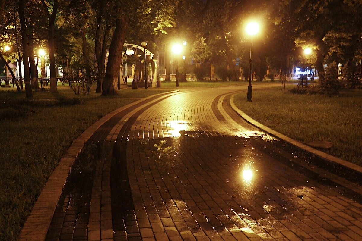 Свет фонарей отражается в лужах, напоминая одинокие огоньки странники Свет фонарей отражается в лужах, напоминая одинокие огоньки странники