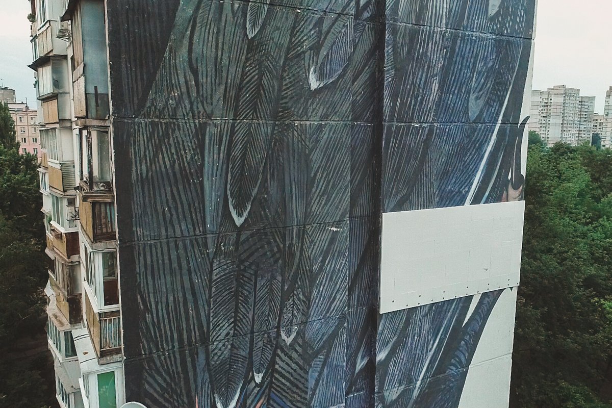 Один из жильцов дома по адресу Булаховского, 40, наклеил утеплитель на мурал с птицей, который художники нарисовали на одной из стен здания