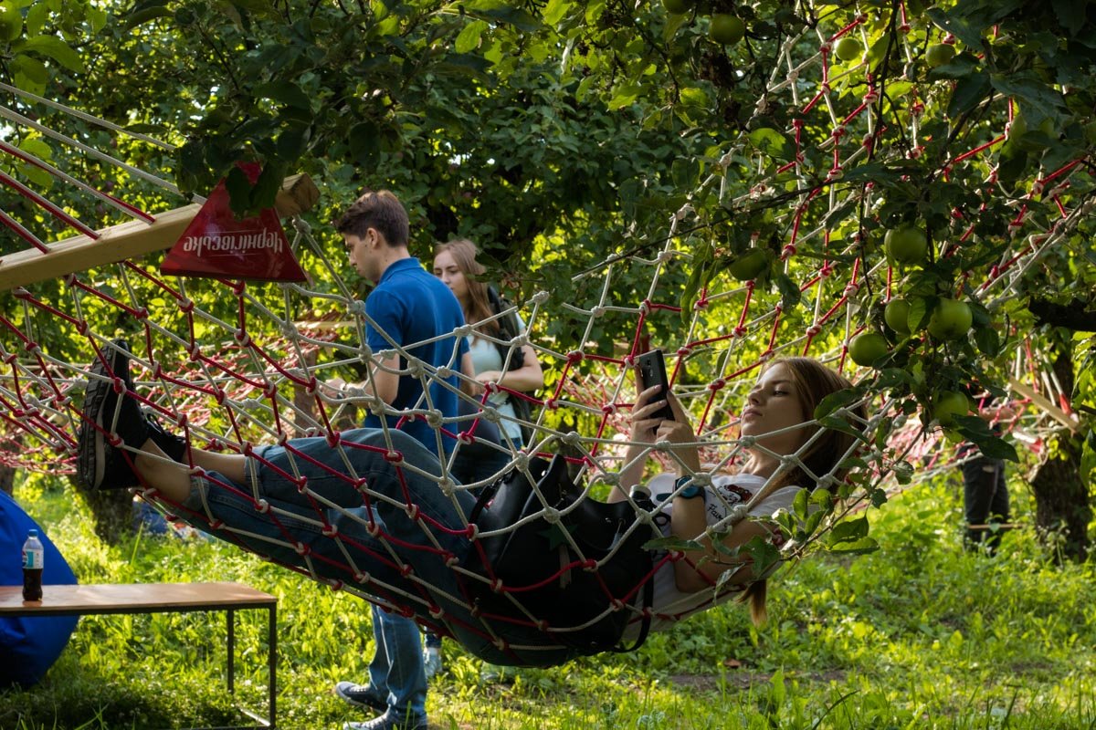 Посреди яблочного сада здесь подвесили 80 гамаков 