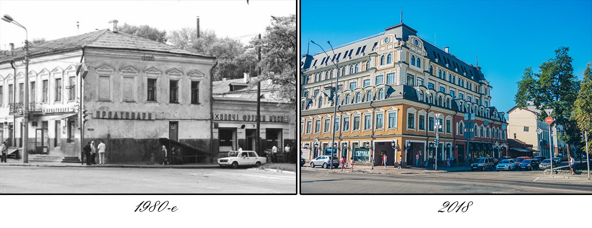 Фасады зданий здесь украшены мелкой лепкой, фронтончиками, башенками и низкими подворотнями