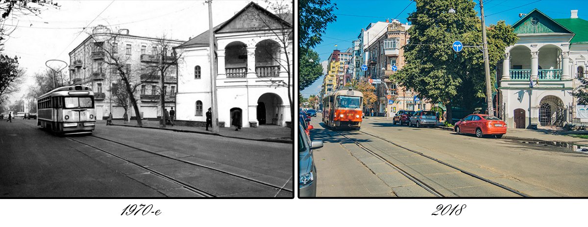 По улице с 1891 года проложена линия трамвая — сначала конного, а с 1894 года — электрического, соединяющего Подол с Куреневкой и Пуще-Водицей