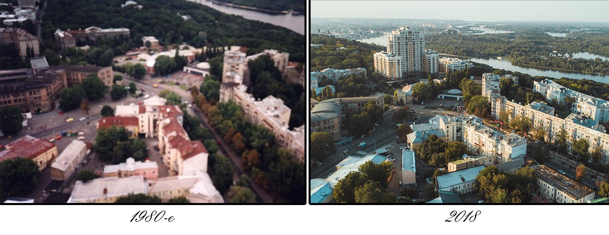 По фотографиям можно проследить, как со временем исчезала советская символика, строились дороги и "росли" новые здания