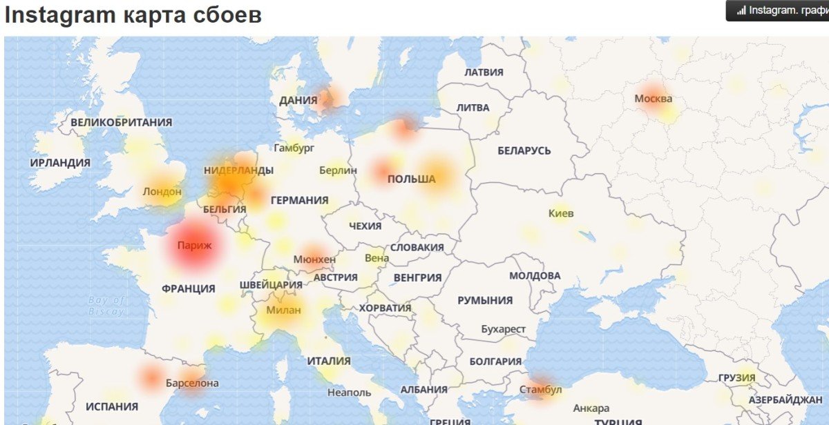 На карте помечены страны, где были зафиксированы помехи в работе Facebook