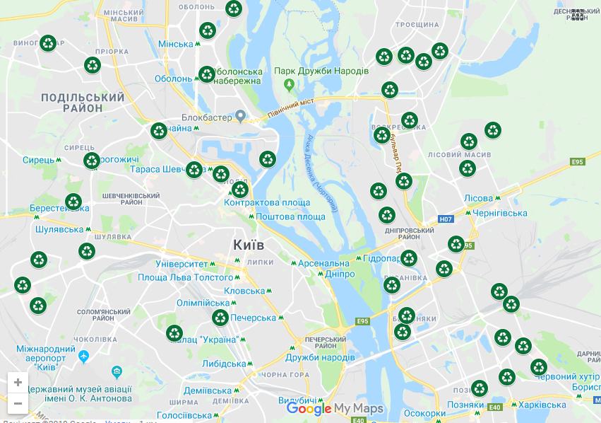 Карта расположения пунктов приема каштанов в Киеве по районам
