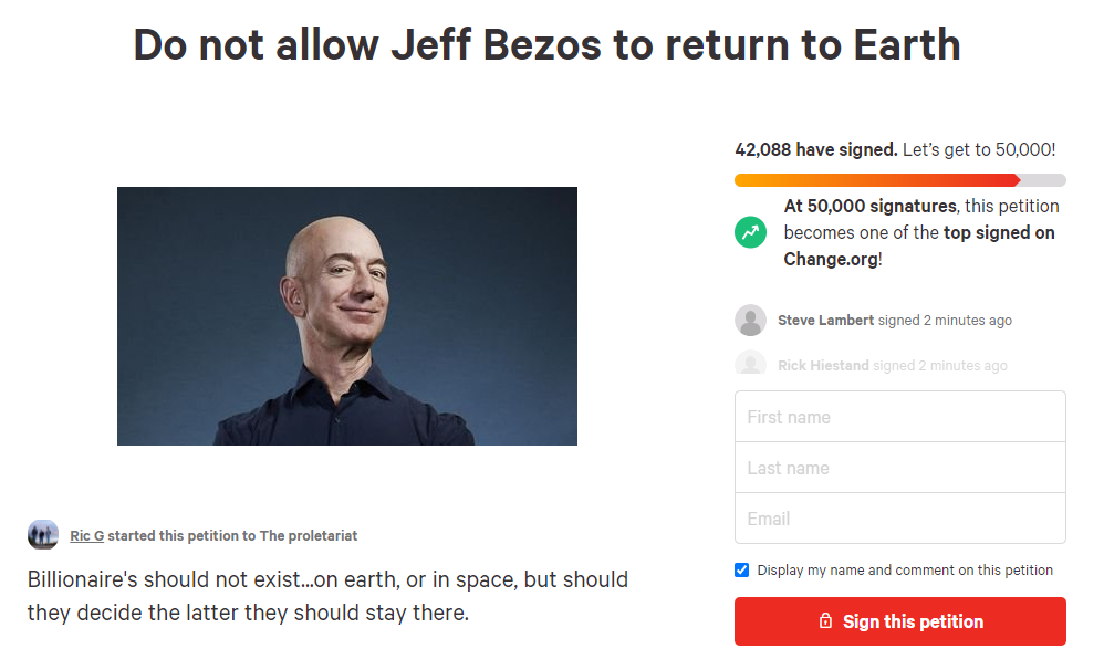 Десятки тисяч людей вимагають, щоб Джеффу Безосу заборонили повертатися на Землю після польоту в космос 1