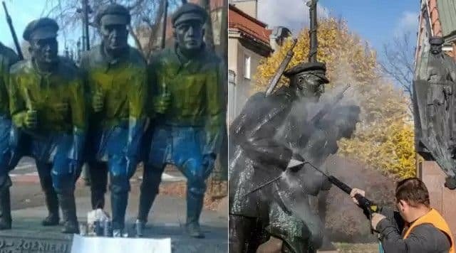 В Кракове памятник Пилсудскому покрасили в сине-жёлтый цвет 1