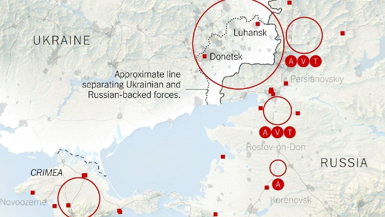 Издание New York Times опубликовало карту с приблизительным расположением войск РФ на территории Украины 1