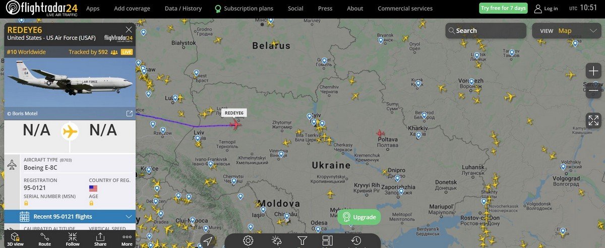 Над Украиной летает самолёт боевого управления ВВС США