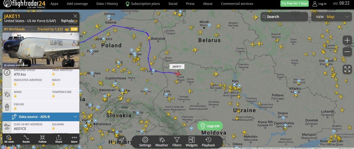В воздушное пространство Украины зашел самолёт военной разведки НАТО 