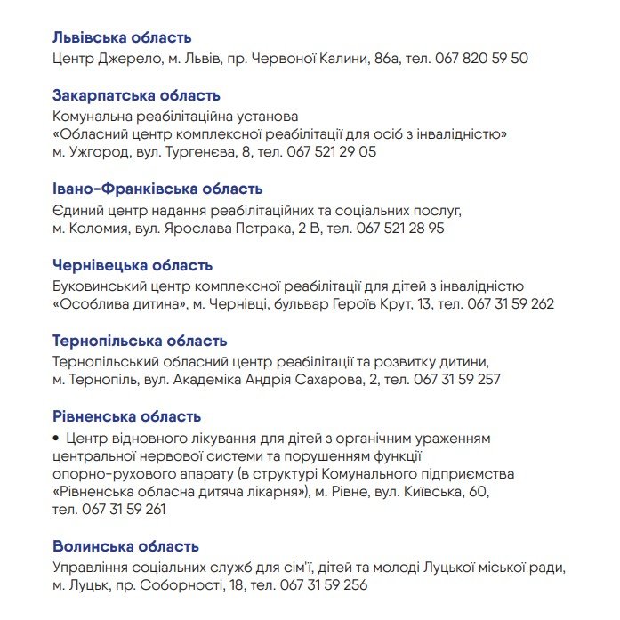 Адреси та контактна інформація в областях