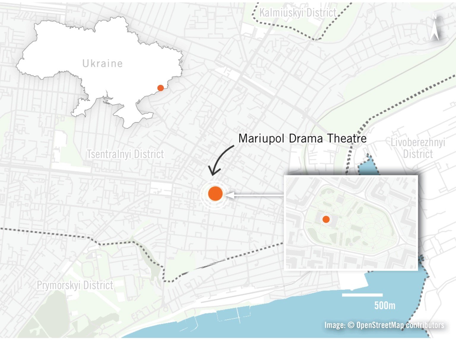 Карта, на которой изображено расположение Драмтеатра в Мариуполе, а также карта Украины с изображением Мариуполя