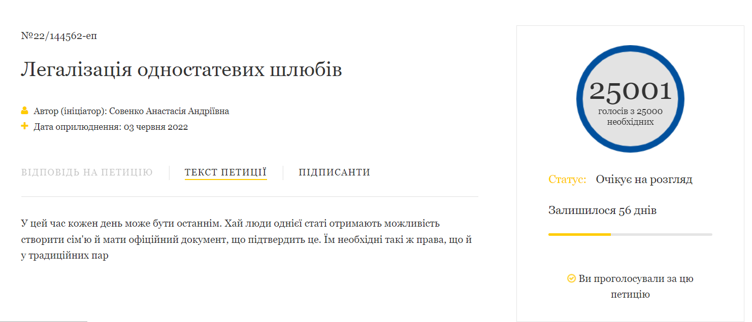 Петиція за легалізацію одностатевих шлюбів в Україні набрала необхідні 25 тисяч підписів 1