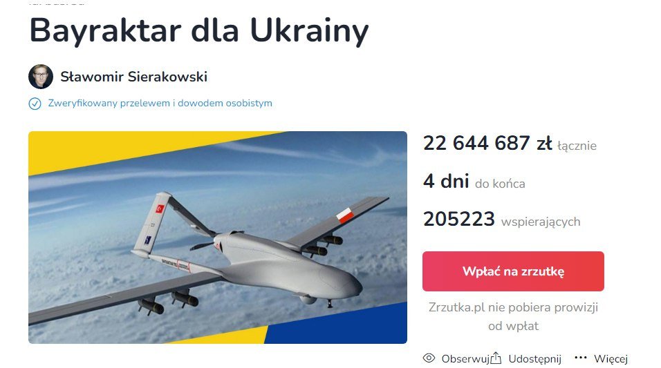 В Польше закончили собирать деньги на «Байрактар»  для Украины 1