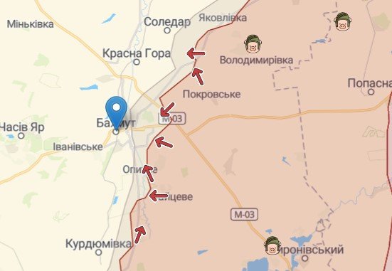 Бахмут на карті, джерело: Deep State