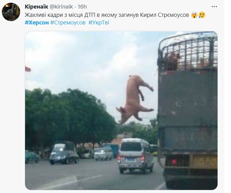 Звісно не оминули тему смерті колаборанта Стремоусова, який ніби загинув у ДТП