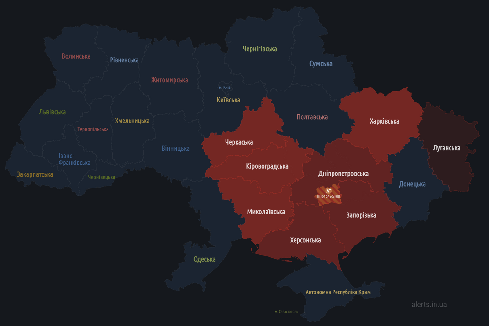 Карта воздушных тревог по состоянию на 00:25, 11 ноября