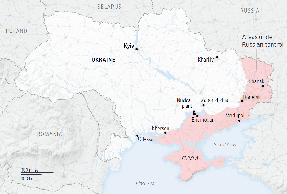 Мапа окупованих територій з позначенням ЗАЕС. Джерело - Інститут вивчення війни