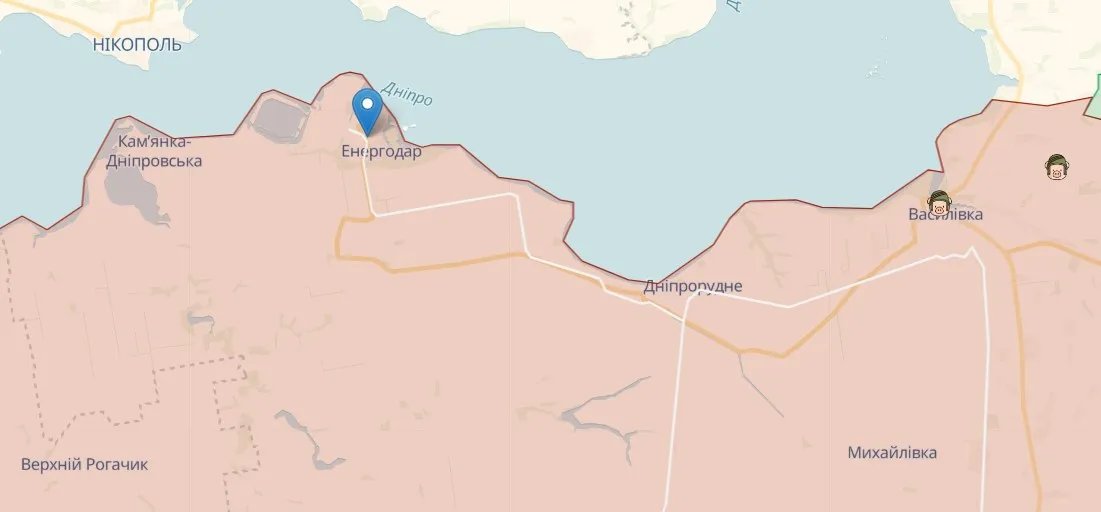 Енергодар на карті, джерело: deepstatemap