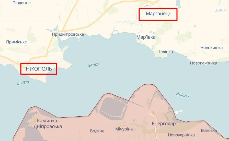 Нікополь і Марганець на карті, джерело: deepstatemap