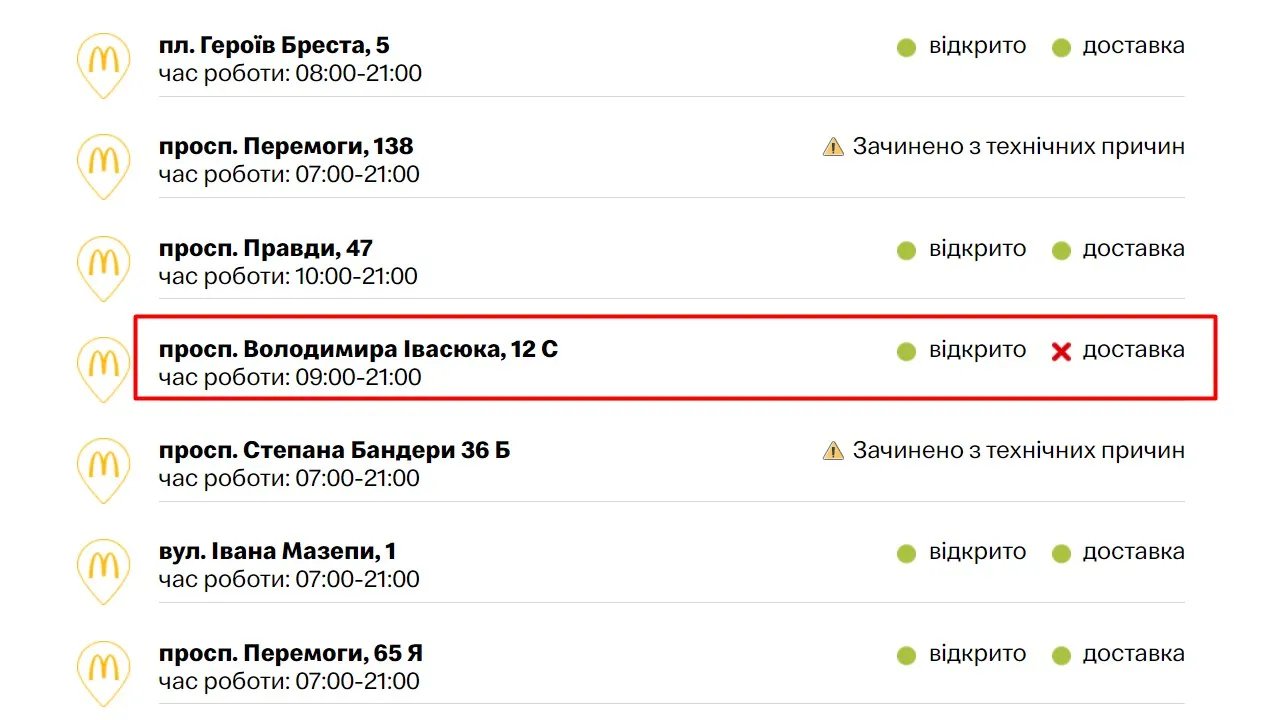McDonald’s на проспекті працює з 09:00 до 21:00